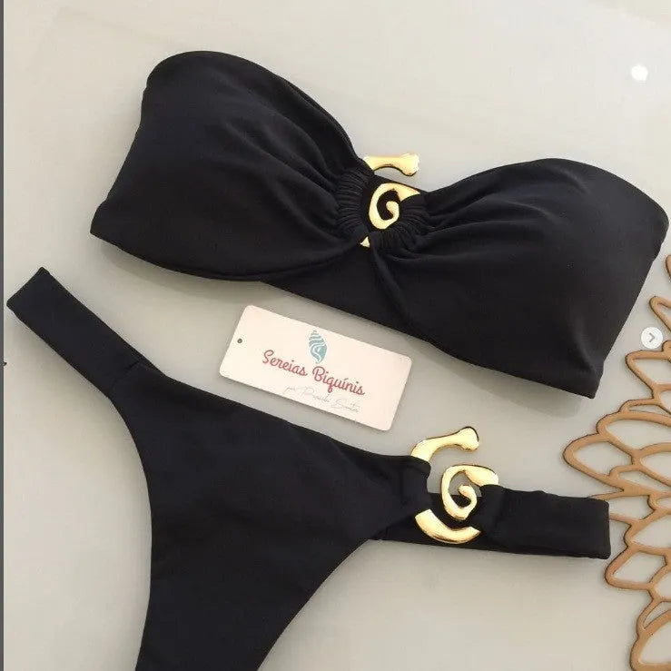 Women's metal ornament split swimsuit bikini in polyester, black snail ornament with removable shoulder strap, for swimming and wading