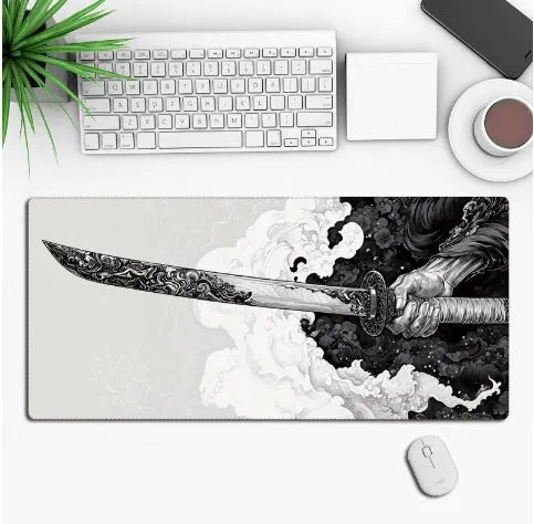 Custom anime graphic gaming mouse pad with non-slip rubber base on a desk.