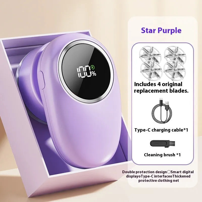 Beige and purple digital fur ball trimmer devices with removable cutter heads on a fabric background