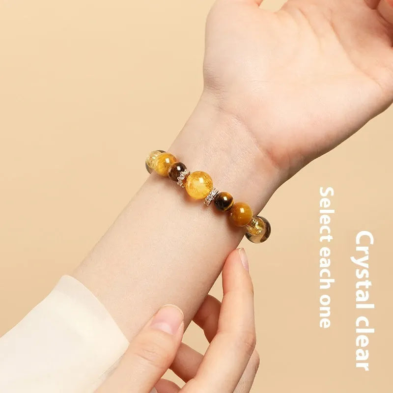 Natural tiger-eye crystal bracelet with yellow tower geometric beads in 10mm or 12mm sizes