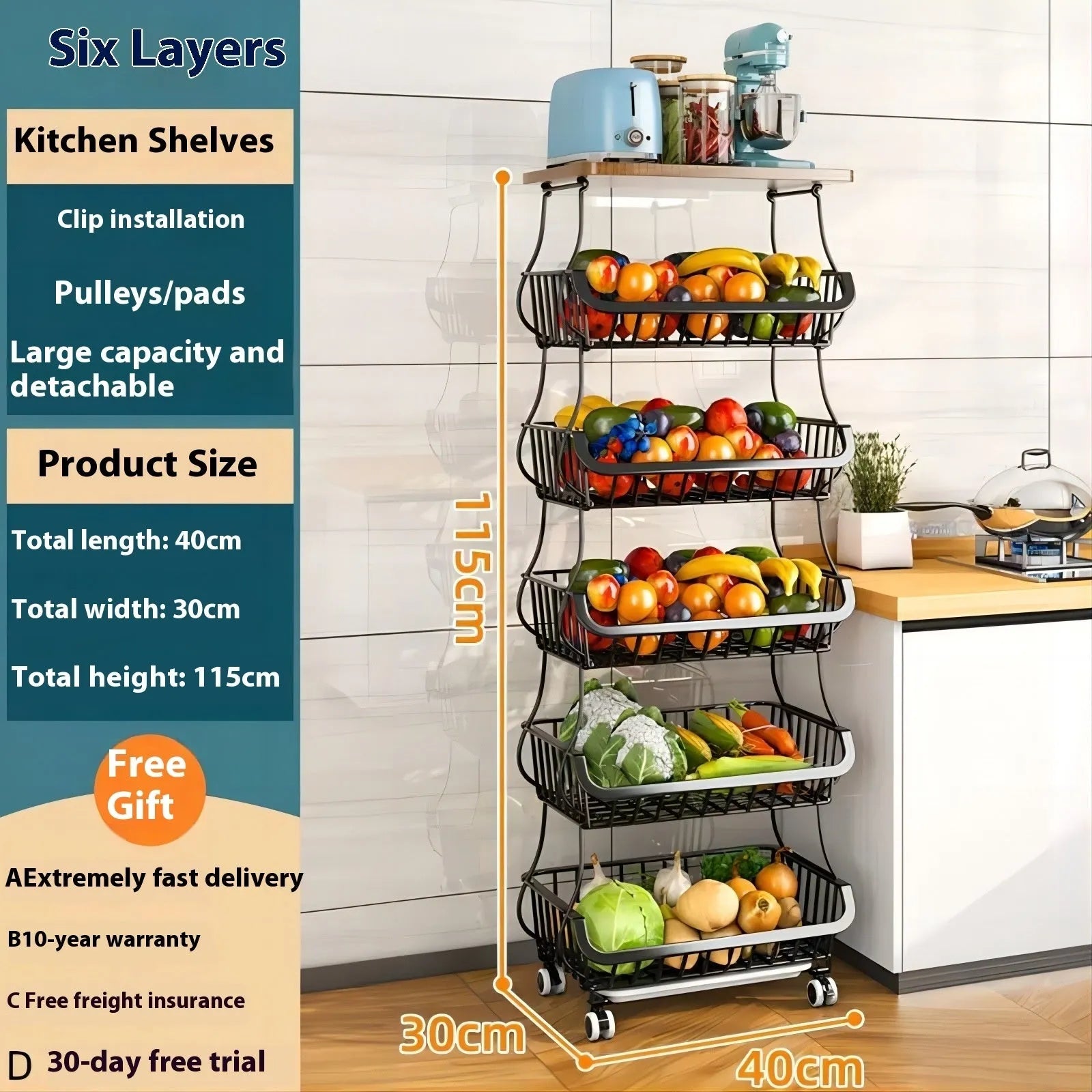 Black six-layer floor-standing kitchen storage trolley with carbon steel construction