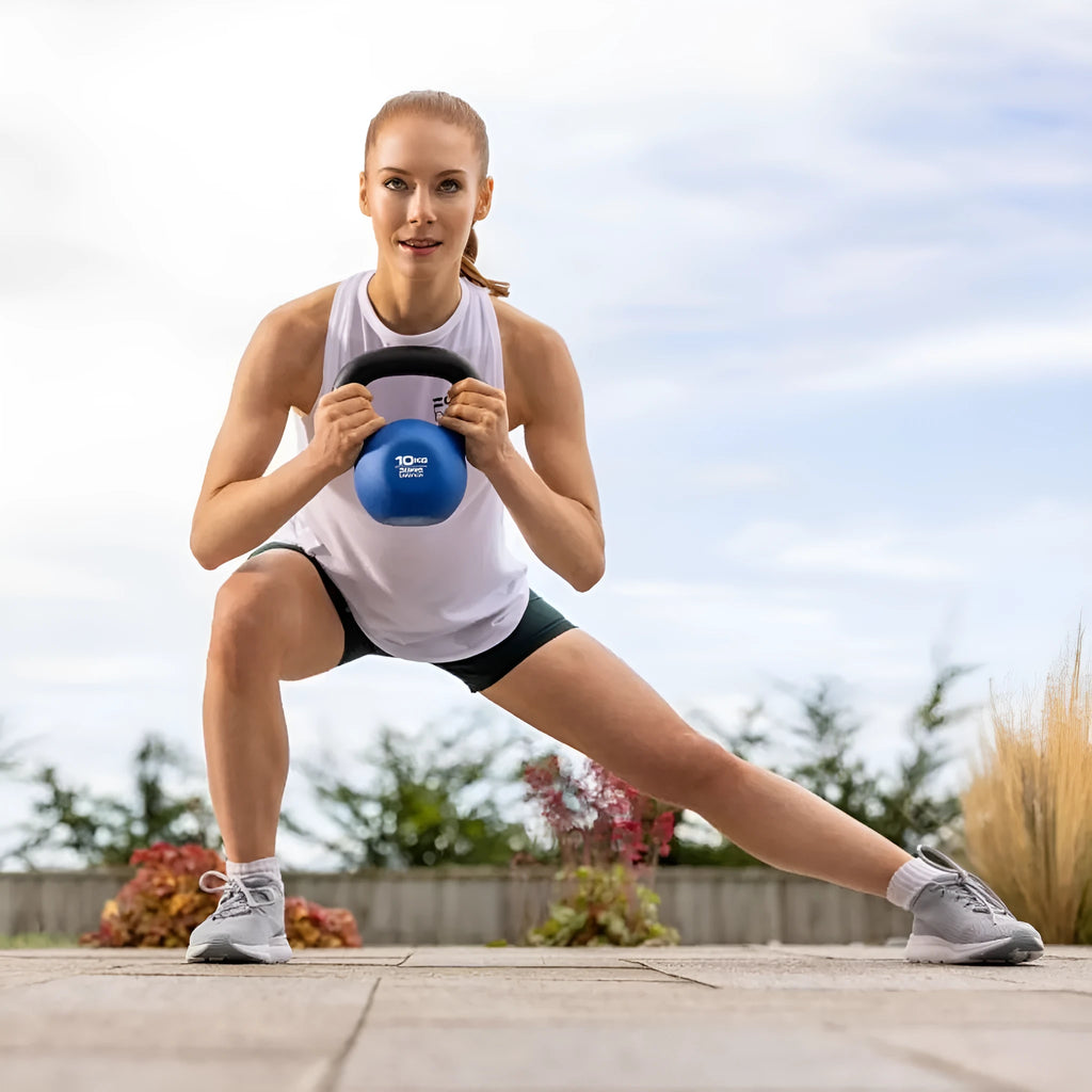 Blue cast iron dumbbell with teapot shape design, 10kg weight for home gym.