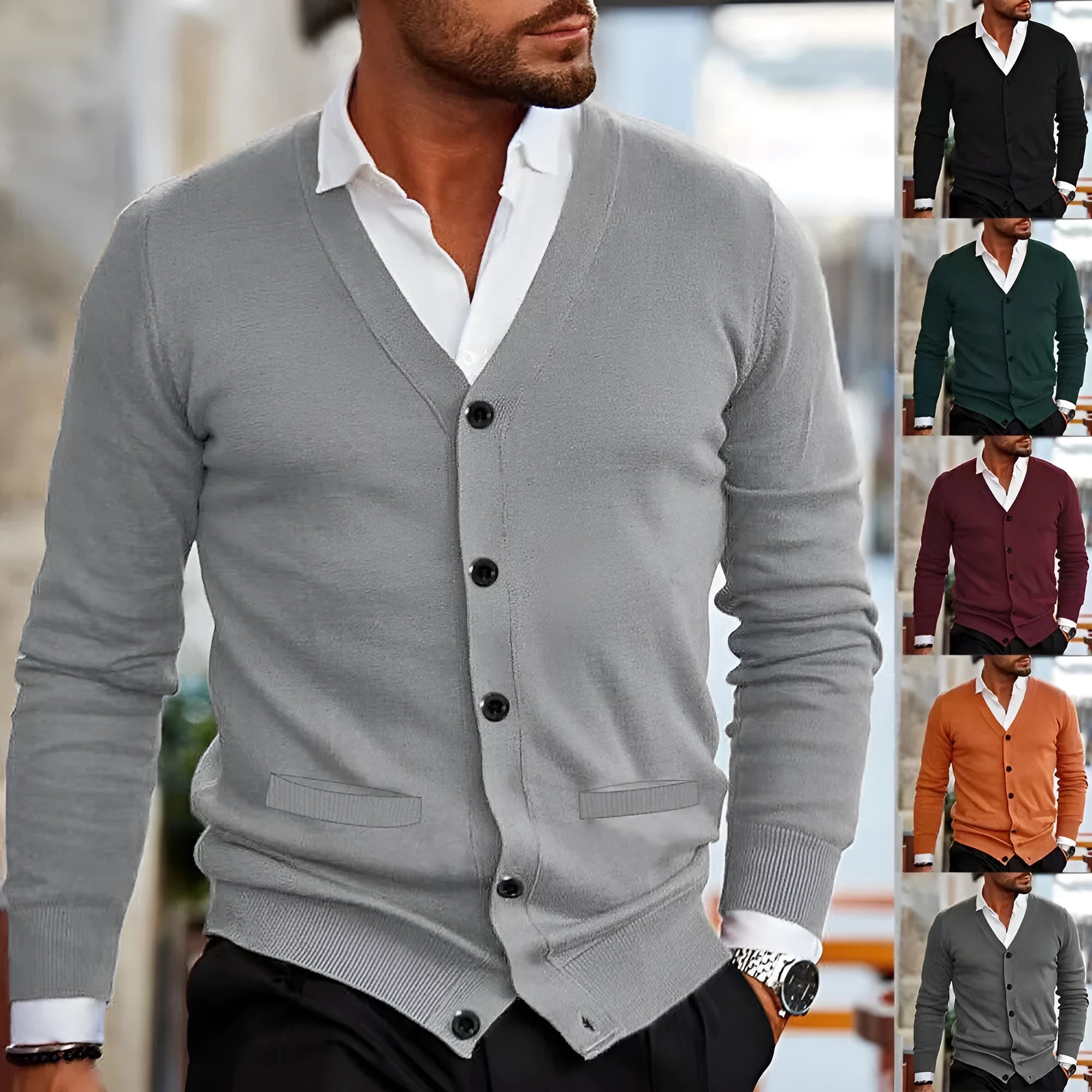 Men's slim fit acrylic cardigan sweater in autumn colours on a hanger