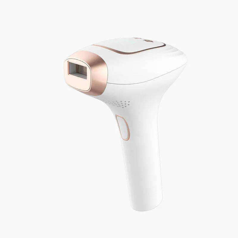 Pink and white three-in-one ice-sensing laser hair removal device with glasses and shaver