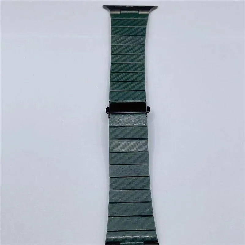 Black carbon fiber watch band for Apple Watch showing chain links and metal clasp on a white background