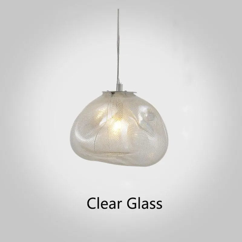 Modern fabric-style glass LED chandelier with clear, amber, or smoke grey shade, shown in small and large sizes.