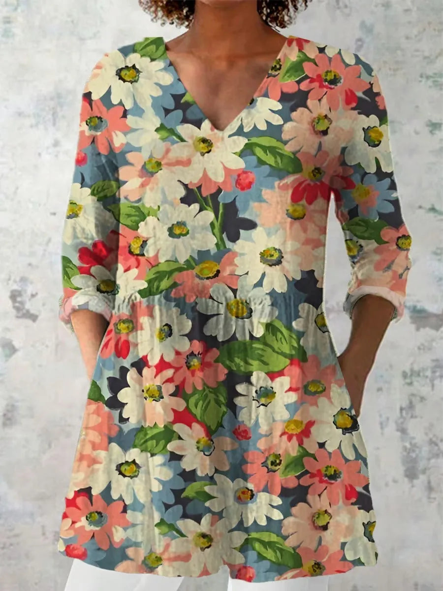 Women's retro slim fit printed long-sleeved top in polyester fabric with digital printing design