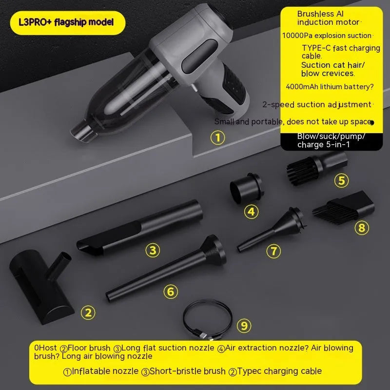 Standard Black car wireless handheld vacuum cleaner with 6KPa suction, 4000mAh battery, and Type-C port