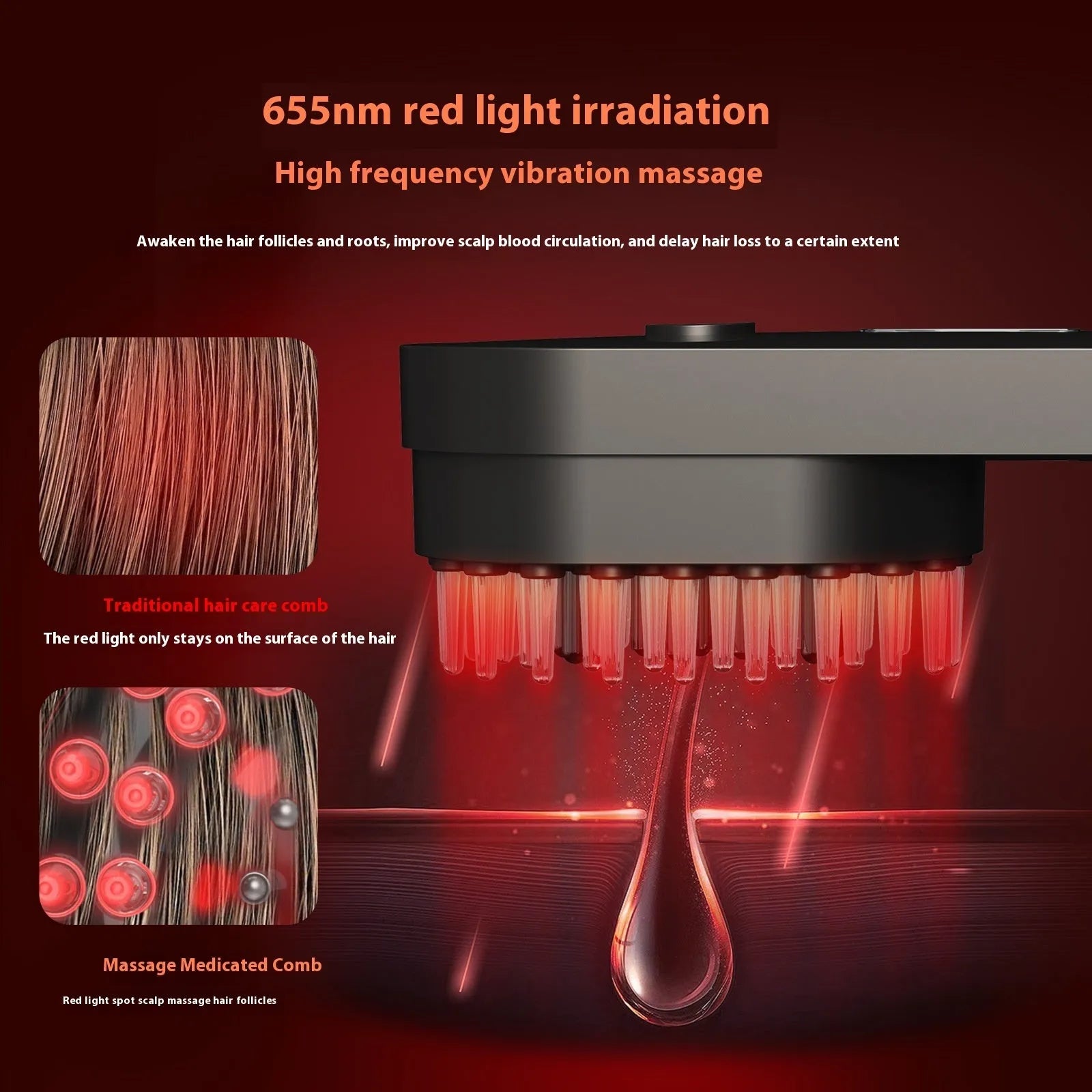 Compact pink smart massage comb with red light therapy for hair care