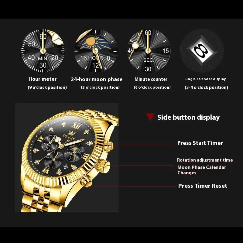 Men's full gold quartz watch with stainless steel strap, round dial, and butterfly buckle on white background