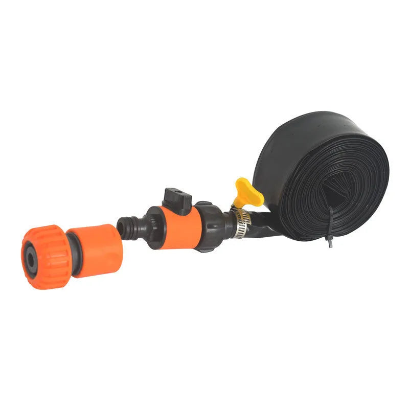 Blue or orange portable garden sprinkler with solar water cooling and PVC hose in three length options