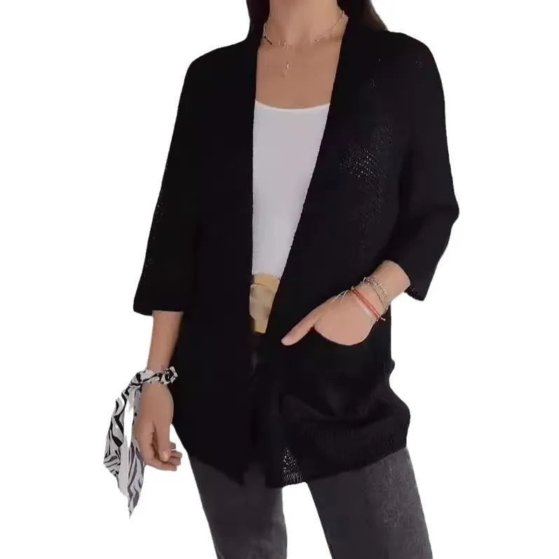 Women's thin waffle knit cardigan coat with nine-quarter sleeves and front pockets in army green.