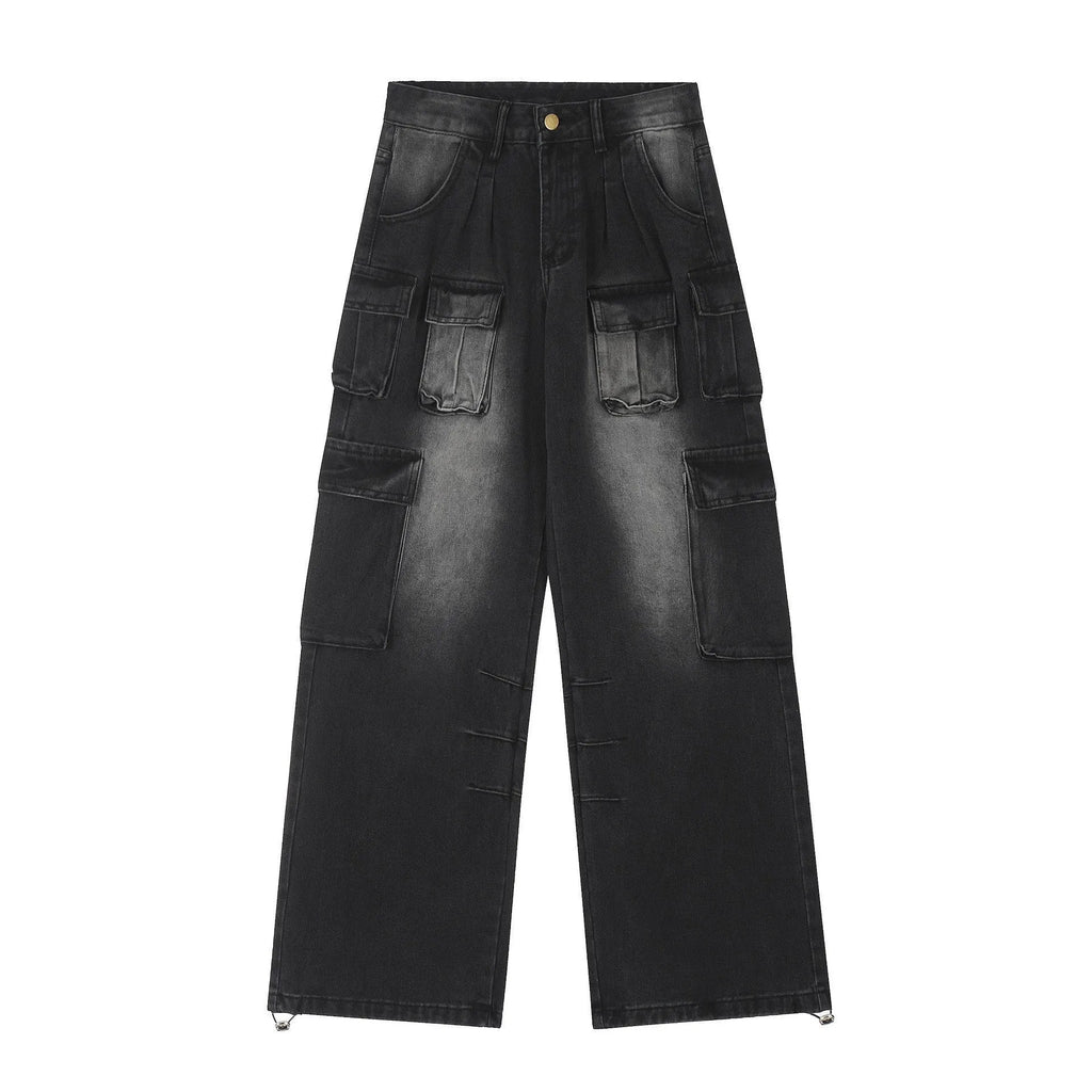 Loose fit distressed denim trousers with multiple pockets in light blue colour