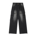 Loose fit distressed denim trousers with multiple pockets in light blue colour