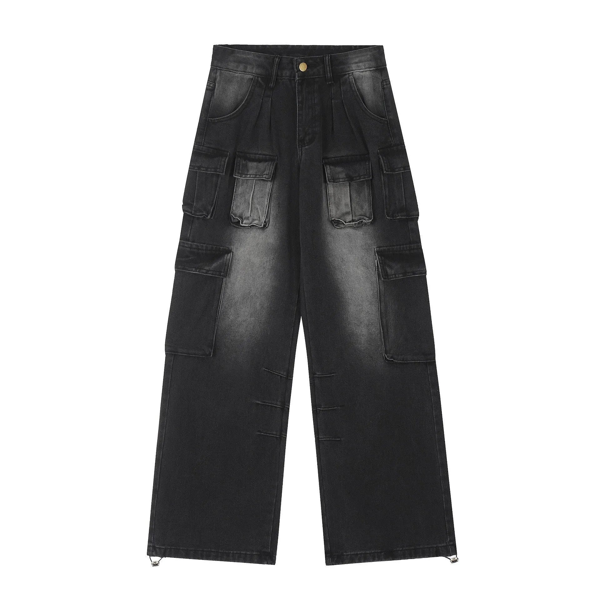 Loose fit distressed denim trousers with multiple pockets in light blue colour