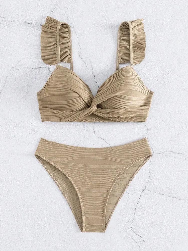 Women's solid colour bikini swimsuit set in black or khaki on a mannequin.