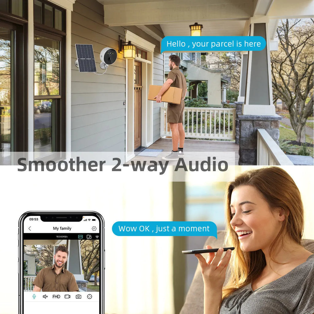 Outdoor solar-powered security camera with 1080P resolution and included solar panel for battery charging