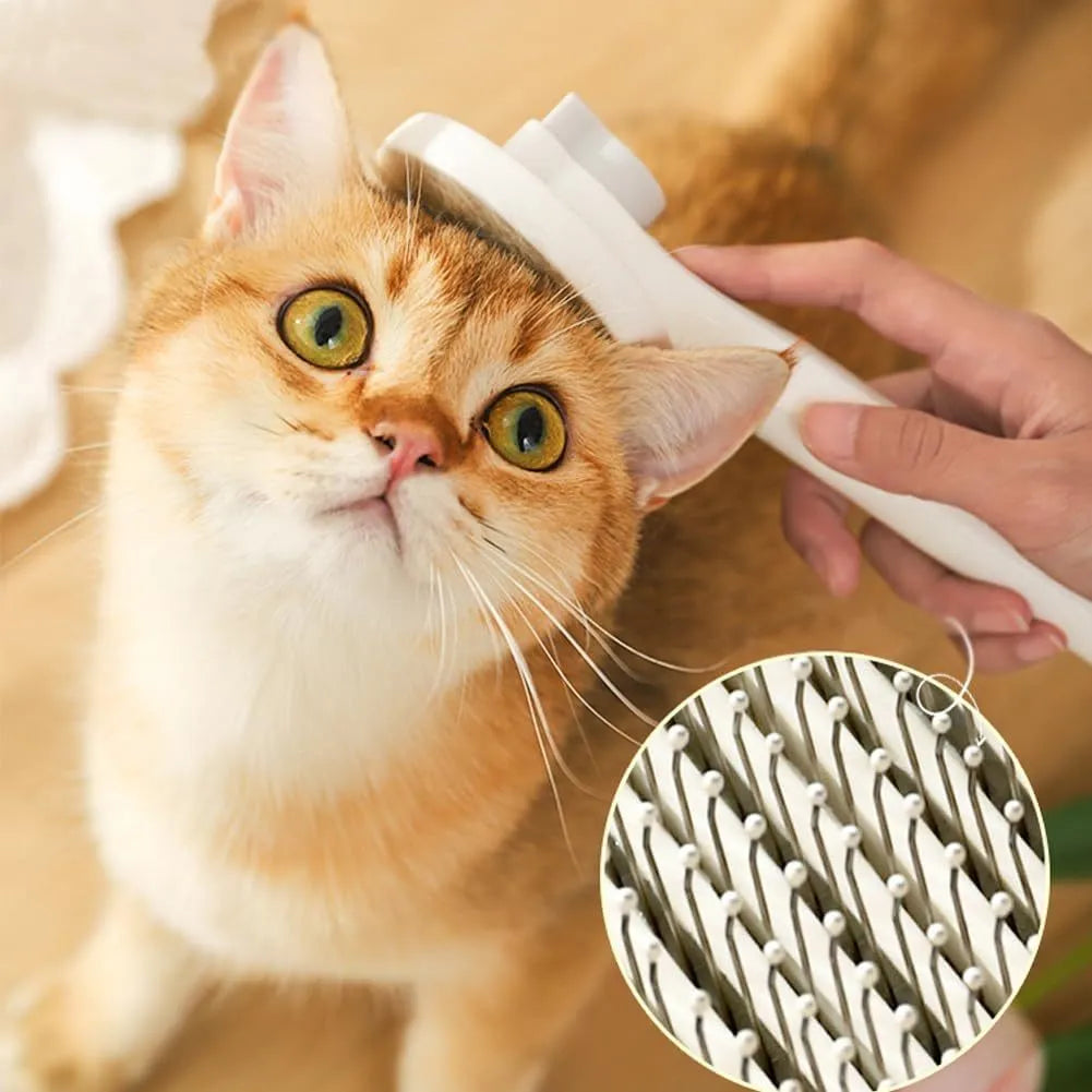 Blue self-cleaning cat brush with rubber-tipped needles and ergonomic handle for pet grooming