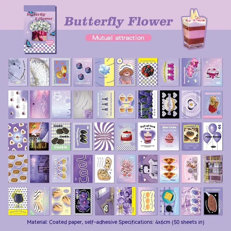American retro cartoon sticker book open to show 4x6cm sheets in various colours including pink and black.