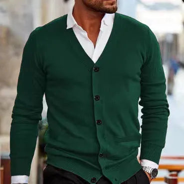 Men's slim fit acrylic cardigan sweater in autumn colours on a hanger