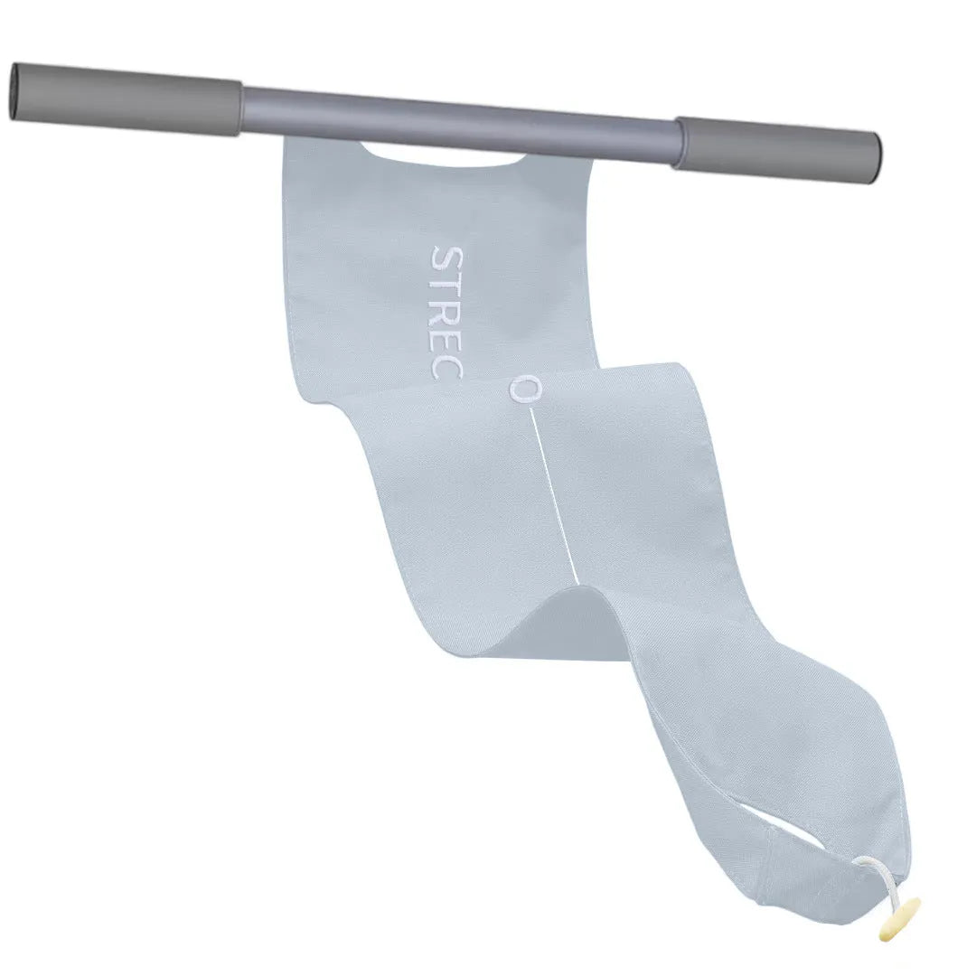 Grey and pink yoga multi-function stretching tool for shoulders, back, and hips on a plain background.