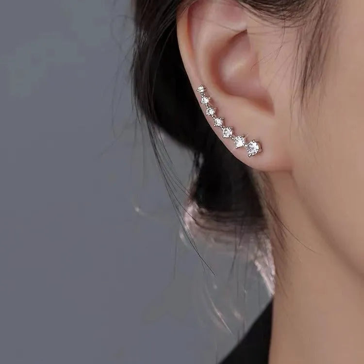 Silver Needle geometric earrings for women, white colour, zircon accents, line design, one pair