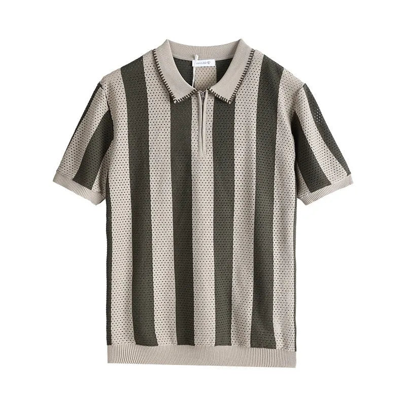 Man wearing a striped short sleeve ice silk sweater with a zipper decoration in sapphire blue.