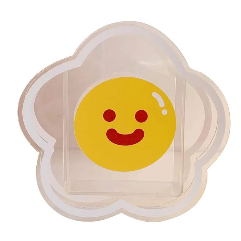 Clear square acrylic storage box with colourful graphic design for desk organisation