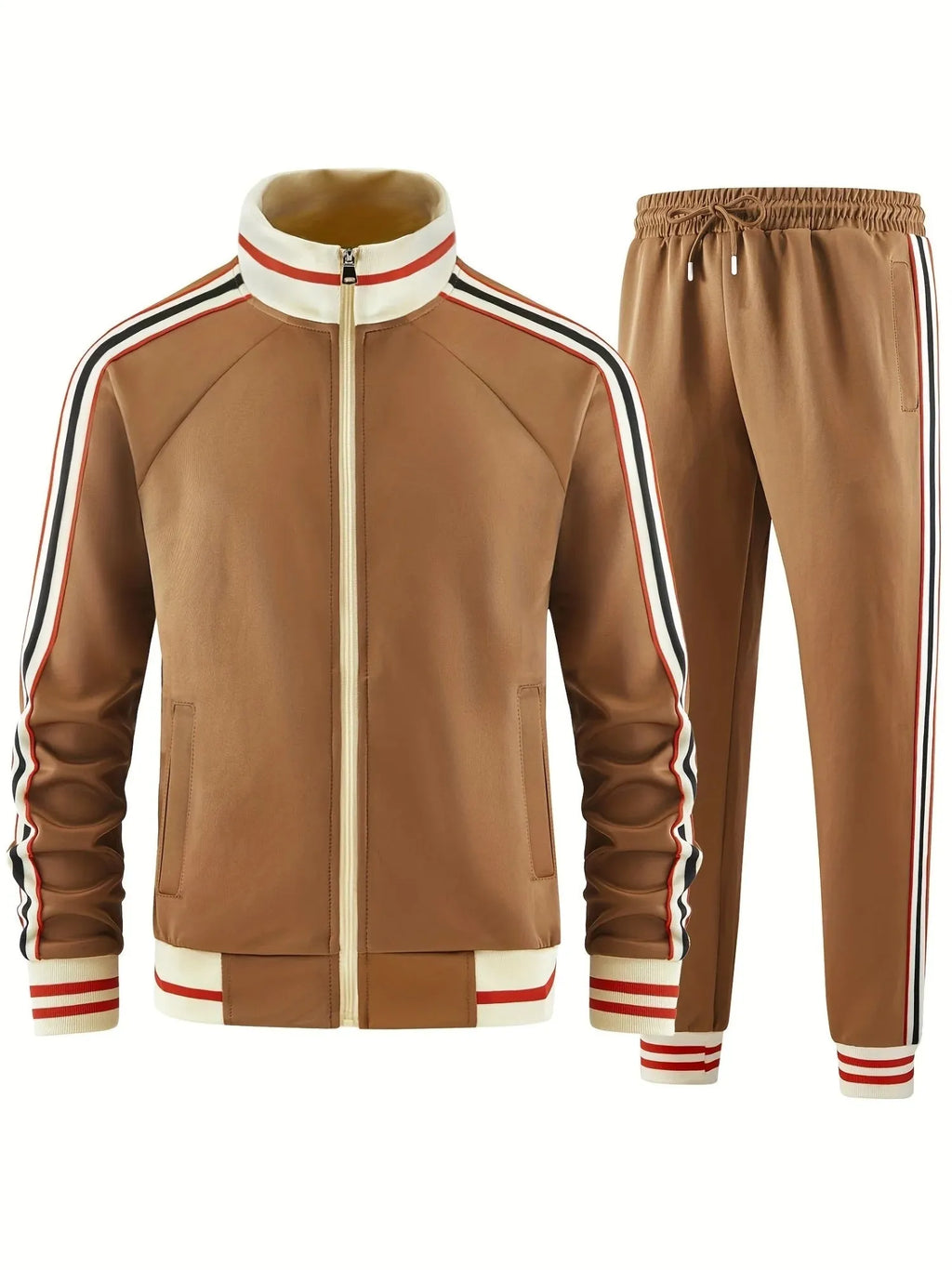 Khaki coloured polyester turtleneck zip cardigan and matching trousers suit laid flat.