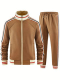 Khaki coloured polyester turtleneck zip cardigan and matching trousers suit laid flat.