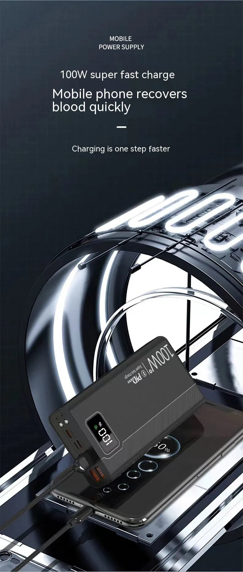 Large capacity power bank in black or white with plastic shell and multiple charging capacity options