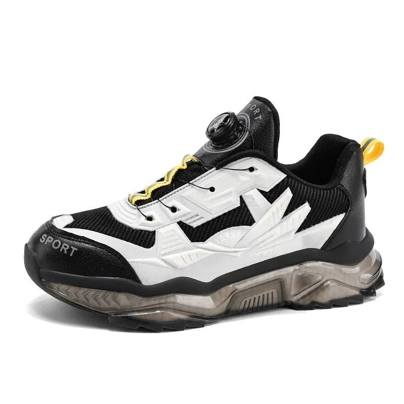 Men's black mesh sneakers with a rotating button on the side and a thick platform sole.