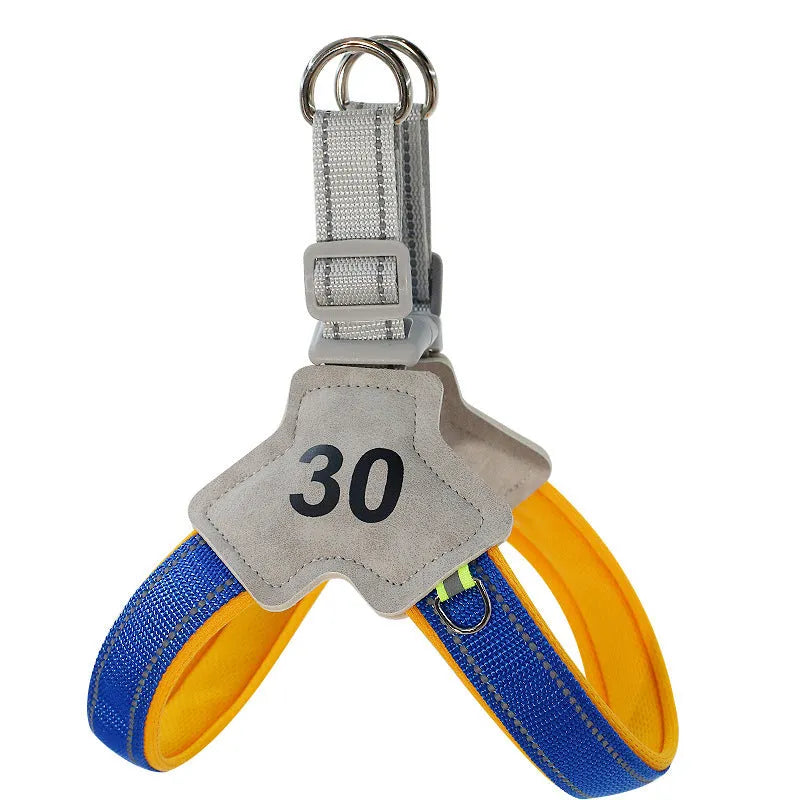 Adjustable soft buckle reflective chest harness for small medium dogs in blue with traction rope