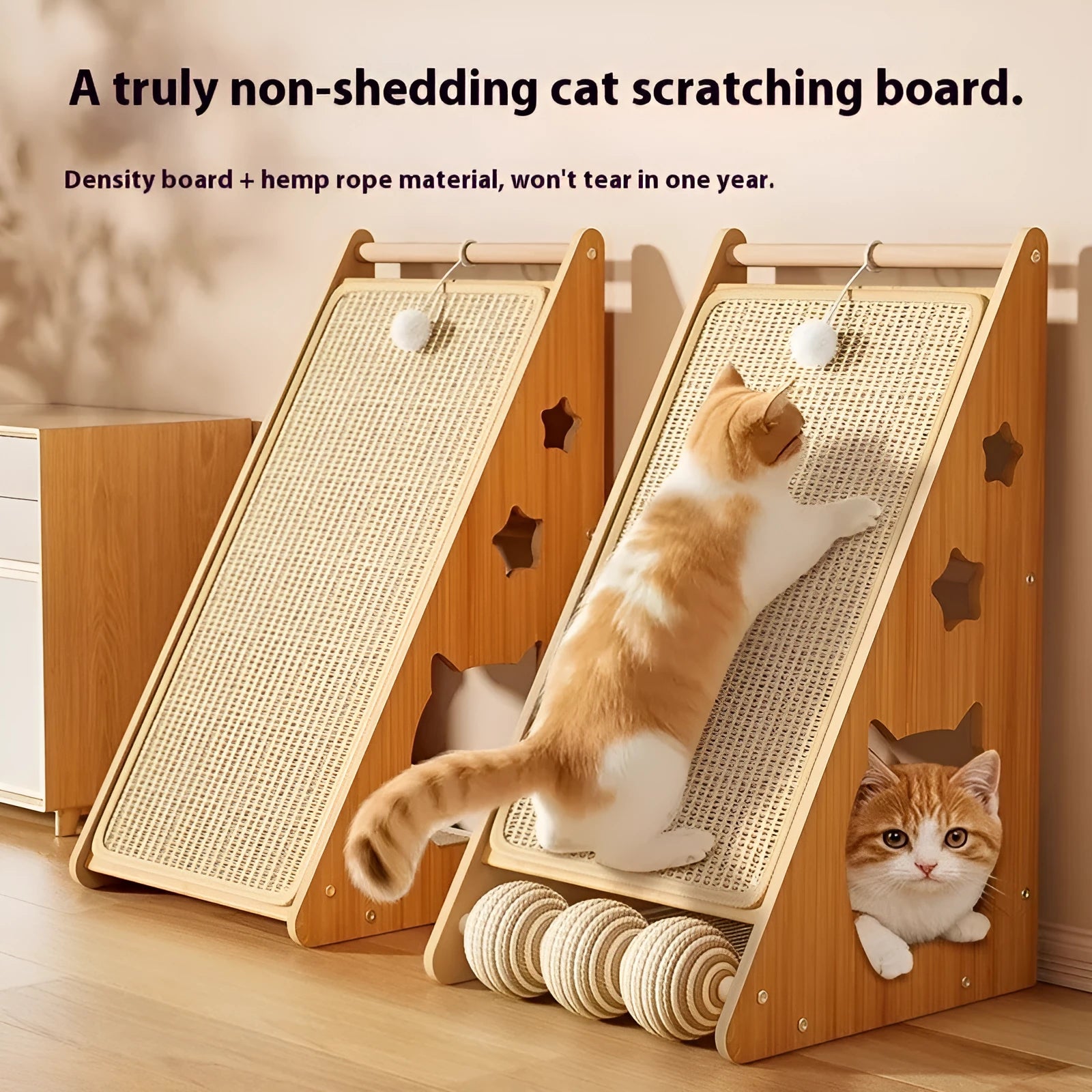 Vertical wall-mounted cat scratch board with sisal surface and teasing ball design