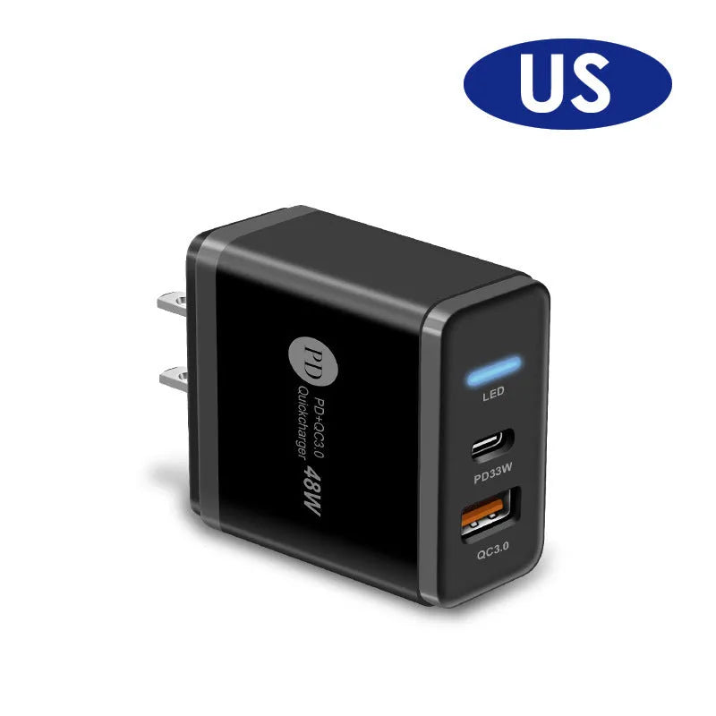 PD48W fast travel charger with UK three-pin plug in black or white colour, showing type-C USB port