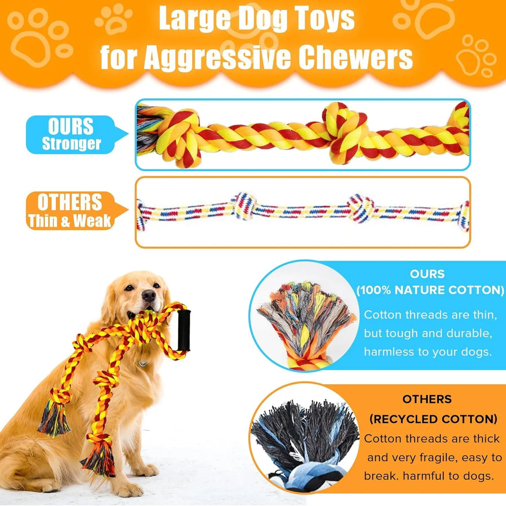 Blue and yellow cotton rope dog tug toy with a handle for large breed aggressive chewers