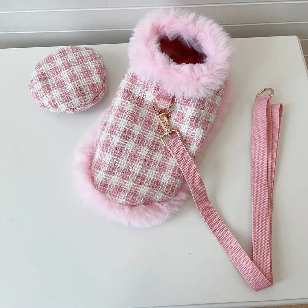 Pink polyester cat costume with beret and cloak outfit for female cats