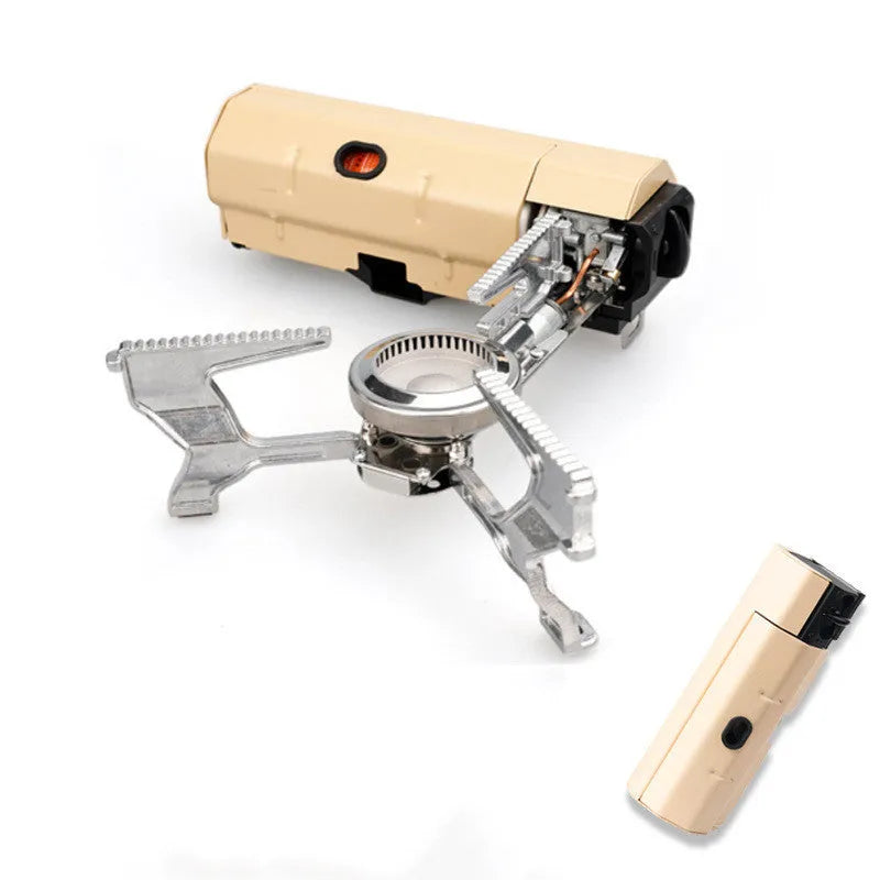Green folding camping gas stove with adjustable valve and anti-slip feet for outdoor cooking