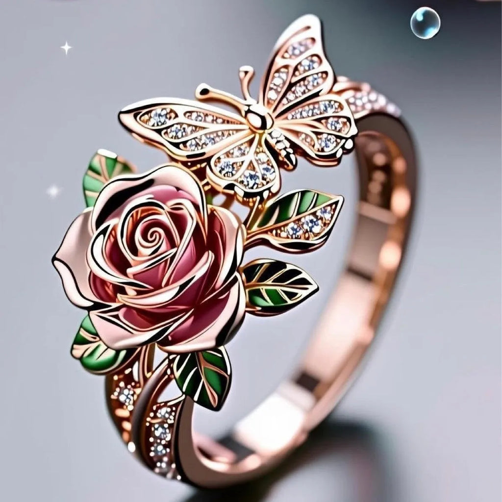 Adjustable alloy butterfly ring with oil drip colour finish and floral details