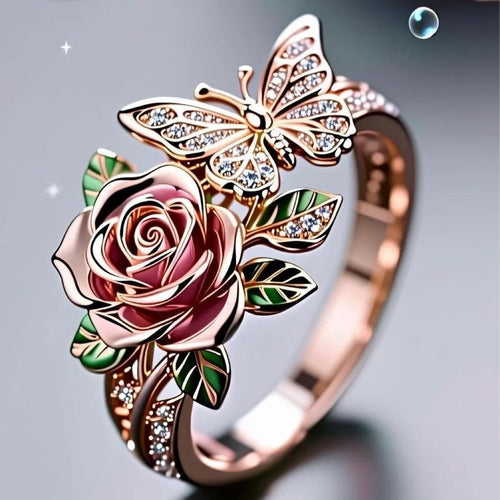 Adjustable alloy butterfly ring with oil drip colour finish and floral details