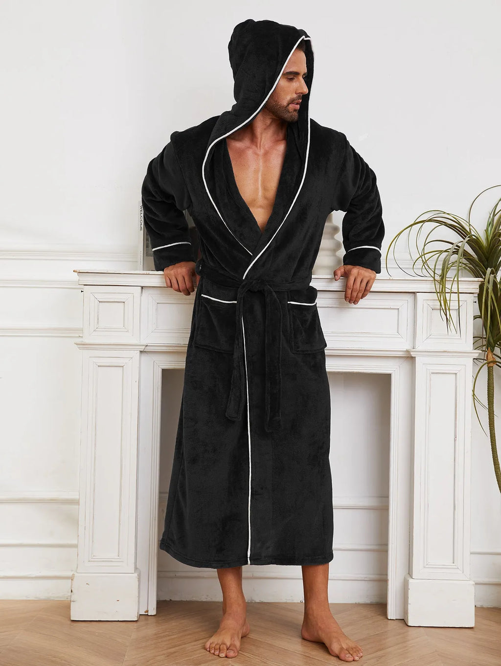 Unisex flannel bathrobe in polyester fleece, available in light gray, dark blue, and black, with European American style.