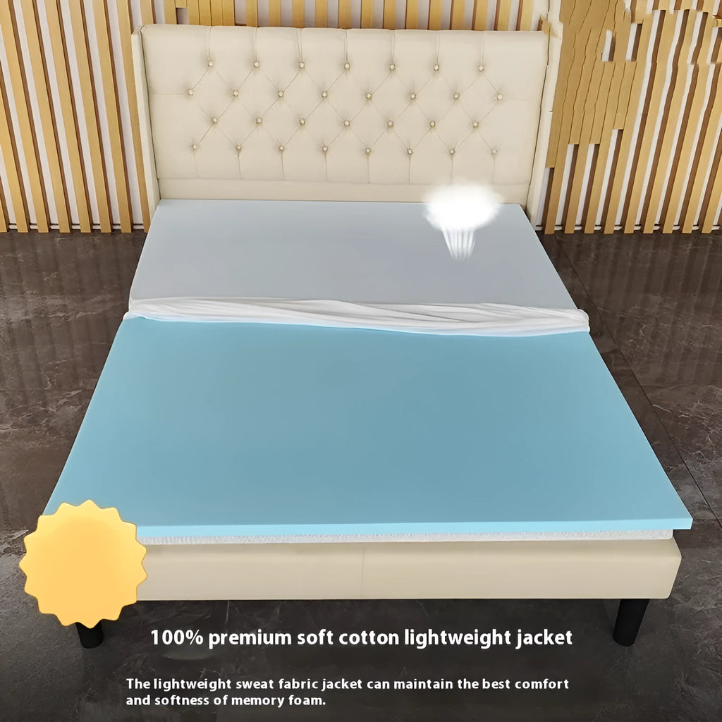 Thin gel memory foam mattress on a tatami mat, showing side profile with thickness options.