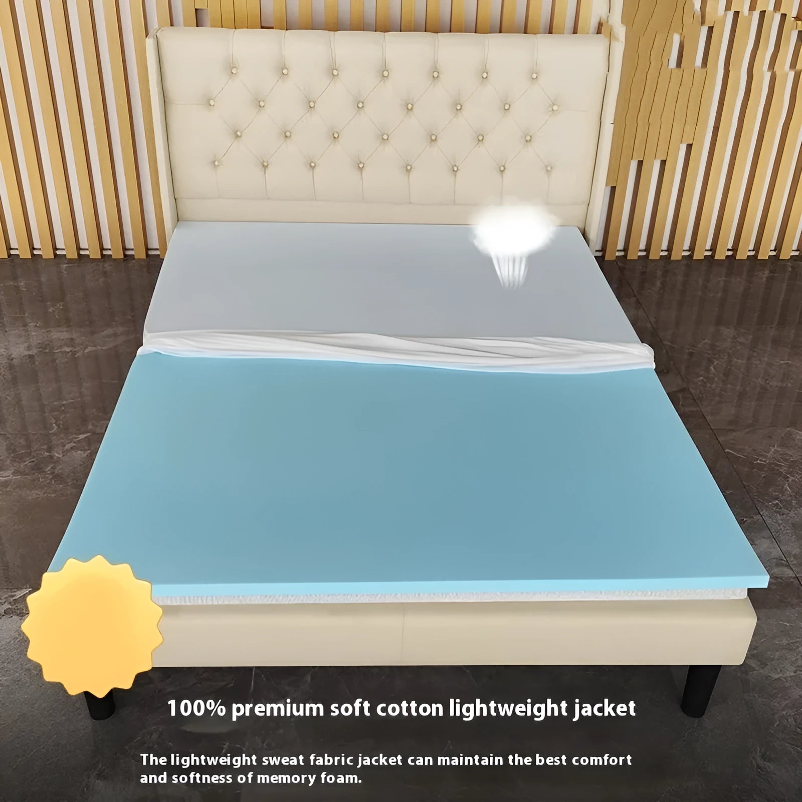 Thin gel memory foam mattress on a tatami mat, showing side profile with thickness options.