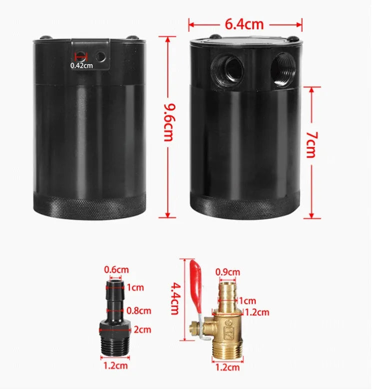 Black aluminium automotive oil pot with two connector holes and optional drain valve