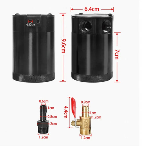 Black aluminium automotive oil pot with two connector holes and optional drain valve