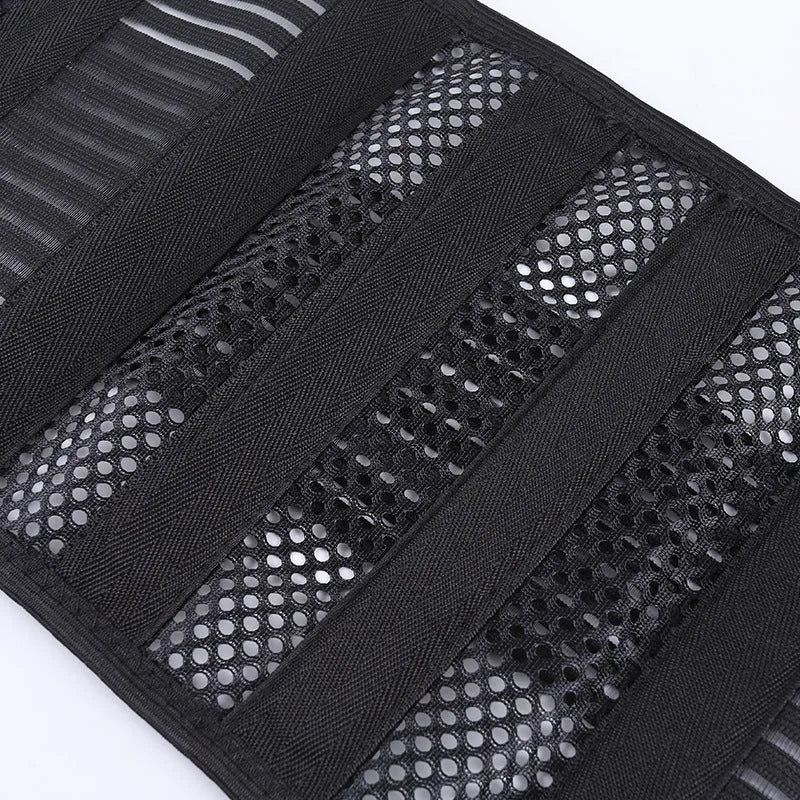 Black breathable sports waist support belt with an internal steel plate for lumbar stabilisation.