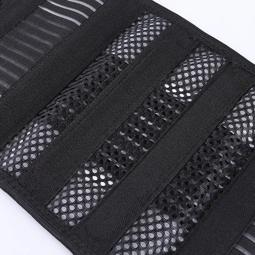 Black breathable sports waist support belt with an internal steel plate for lumbar stabilisation.