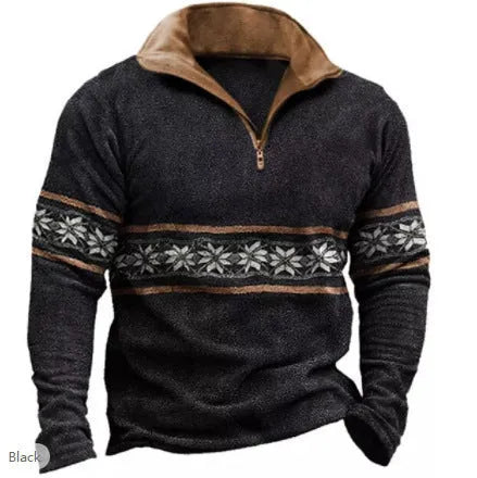 Men's loose fit retro printed golf t-shirt with stripe pattern and zipper decorations on long sleeves