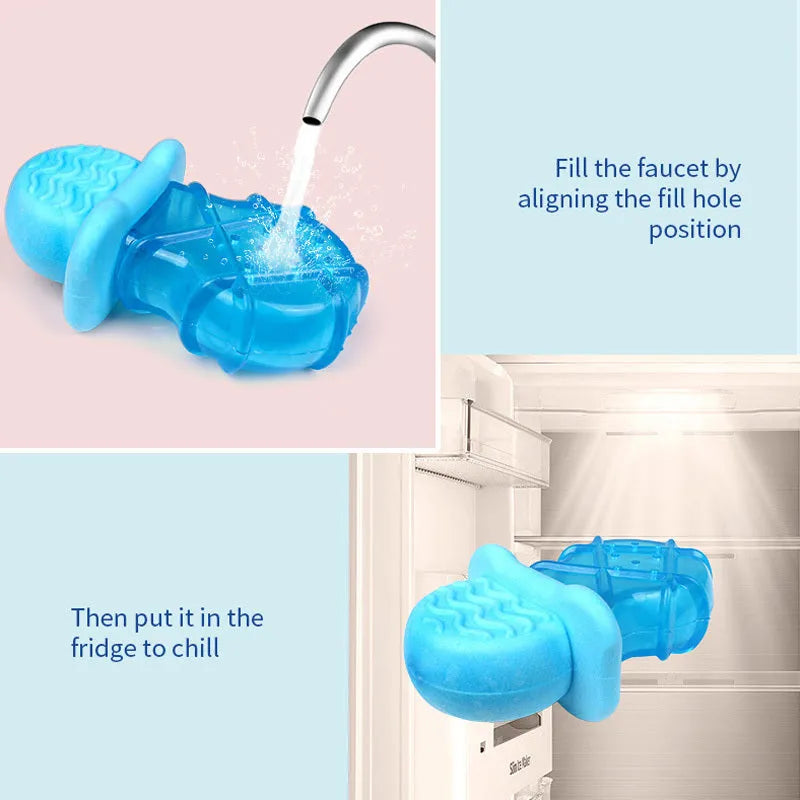 Set of three plastic dog chew toys: a blue pacifier, a red popsicle, and a green ring, designed to be filled with water and frozen.