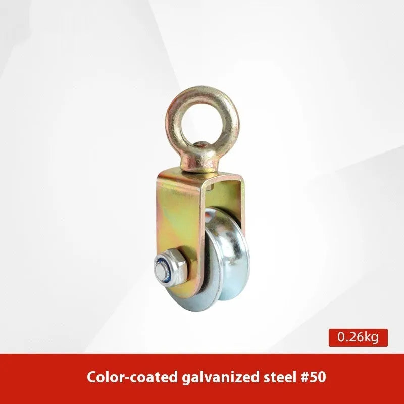 Red forged steel industrial lifting pulley with a safety latch on the hook